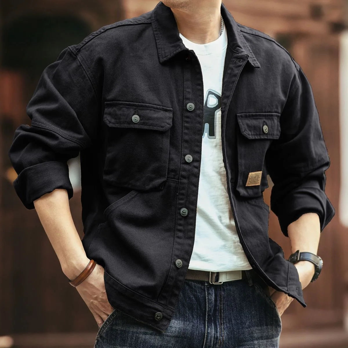 Men's Casual Loose Fit Denim Jacket – Multi-Pocket Workwear Streetwear Top