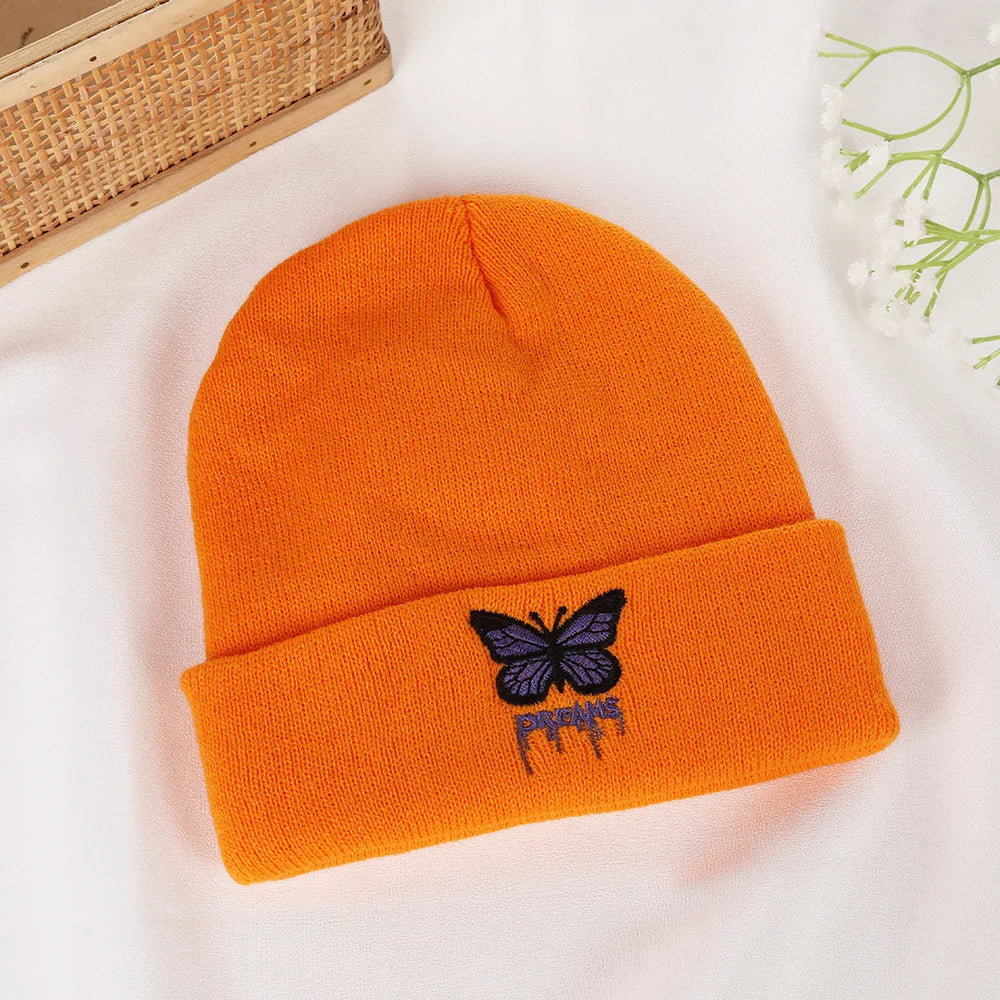 Women’s Cartoon Butterfly Knitted Beanie – Cute Crochet Winter Hat, Warm Autumn Outdoor Cap