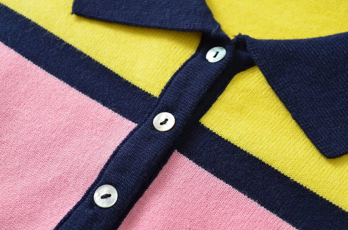 Women’s Striped Knitted Polo Shirt – Colorful Short Sleeve Summer Pullover Top