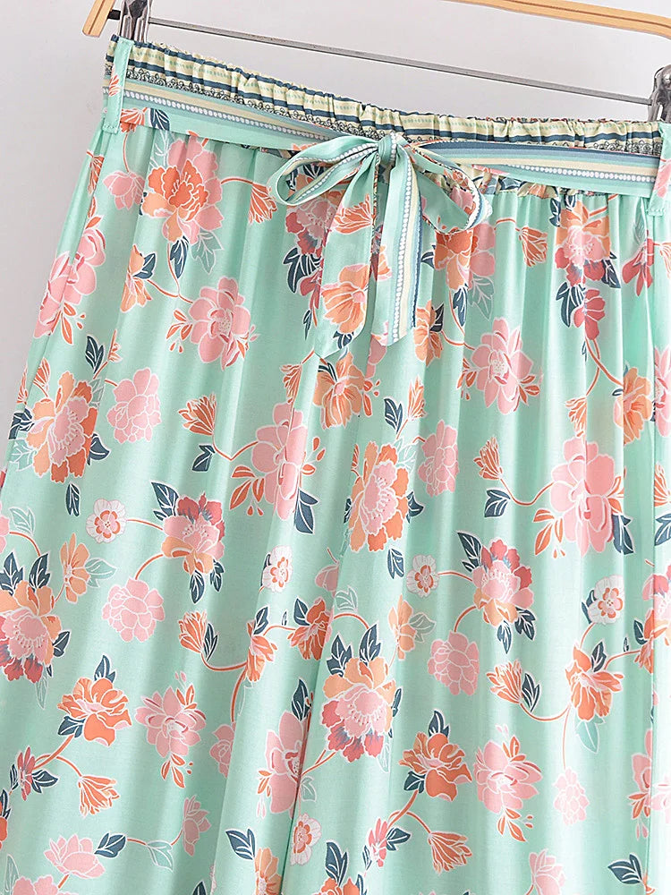 Women’s Floral Wide Leg Boho Pants – Vintage Chic High-Waisted Rayon Trousers