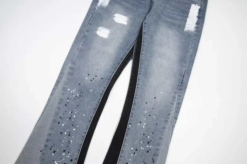 Unisex Washed Denim Trousers | Retro Letter Detail, Loose Straight Fit with Subtle Flared Leg | Trendy High Street Jeans