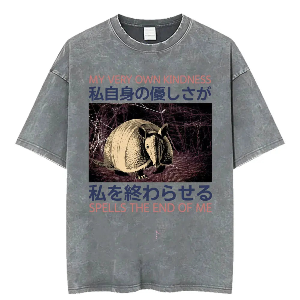 Unisex Funny Cat Graphic T-Shirt – Vintage Japanese-Style Washed Tee | Oversized Casual Streetwear