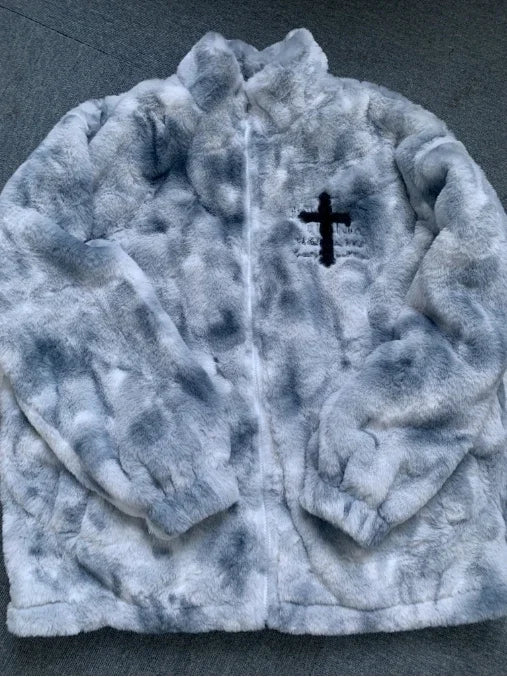 Men Rabbit Fur Jacket Coats Hip Hop Cross Letters Winter Fleece Jacket Streetwear Casual Harajuku Coat Zip Up Fashion Outerwear