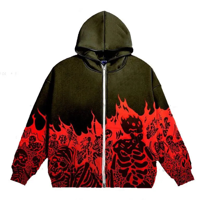 Unisex Y2K Skeleton Hoodie Jacket – Vintage Skull Print Zip-Up Sweatshirt, High Street Autumn & Winter Streetwear