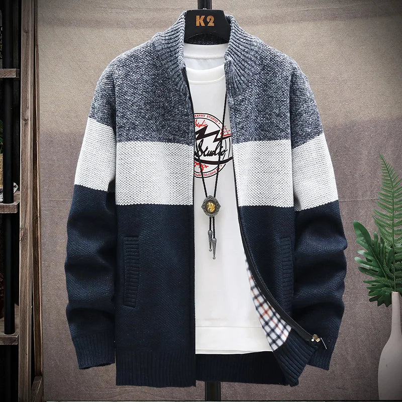 Men’s Winter Fleece Cardigan – Zipper Knit Sweater, Striped Casual Jacket