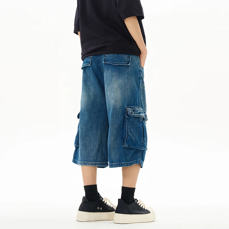 Men’s Washed Denim Cropped Pants – Loose Wide-Leg Multi-Pocket Streetwear Jeans