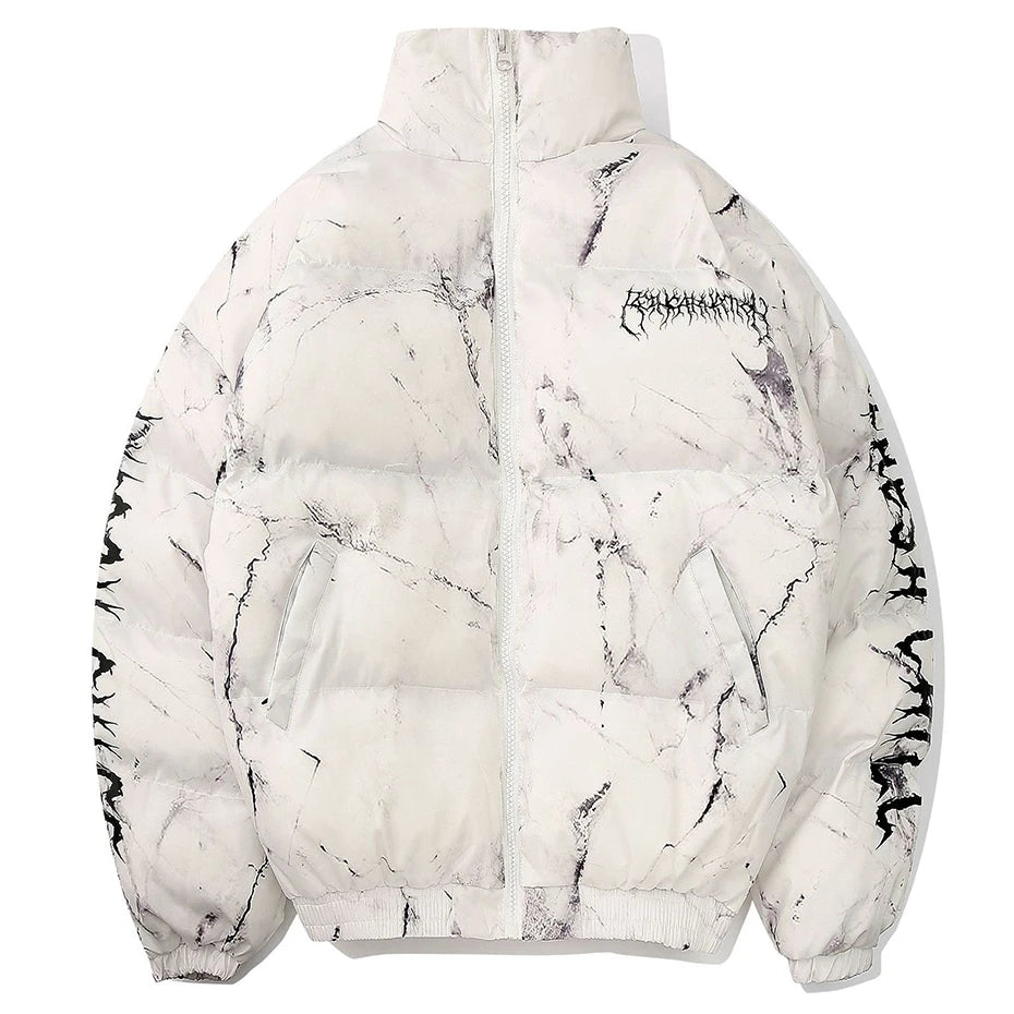 Men’s Y2K Oversized Puffer Parka – Letter Graphic Tie-Dye Winter Jacket, Warm Hip Hop Streetwear