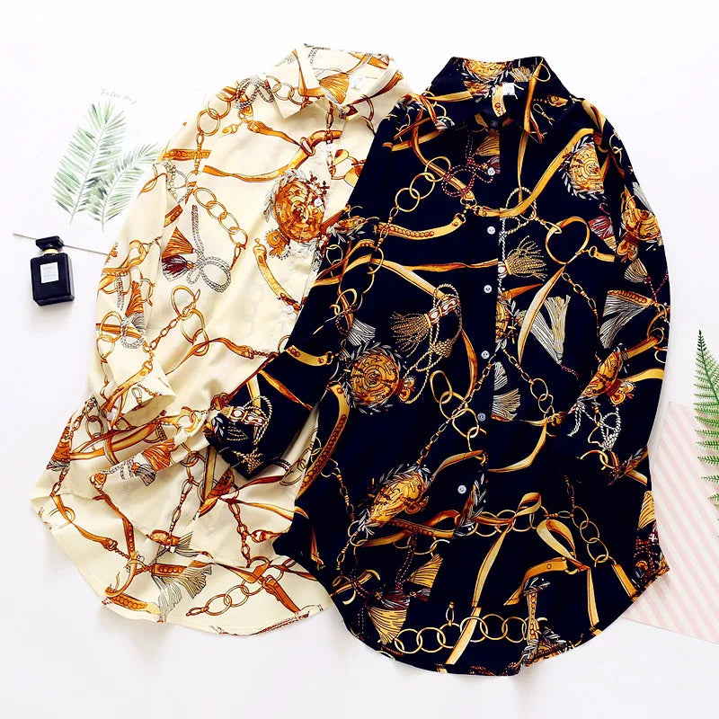 Women’s Vintage Button-Up Blouse – Loose Fit Casual Shirt with Stylish Cardigan Loop