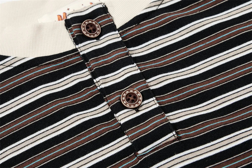 Men’s Striped Faux Two-Piece T-Shirt – Loose Fit Long Sleeve American Streetwear Top