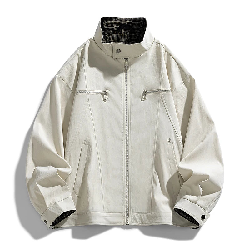 Men’s Stand Collar Jacket – Loose-Fit Solid Color Zip-Up Windbreaker, Casual Streetwear Outerwear