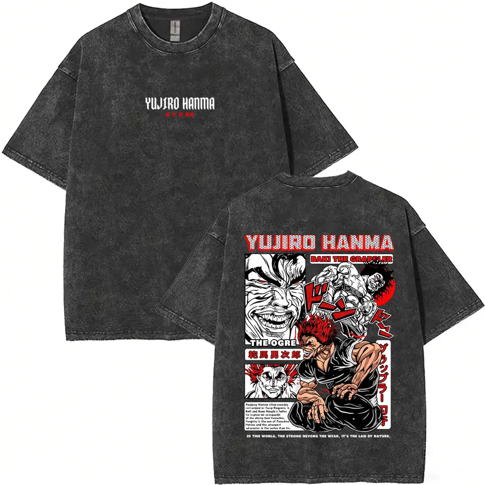 Unisex Baki Hanma Anime T-Shirt – Vintage Washed Oversized Retro Manga Cotton Tee