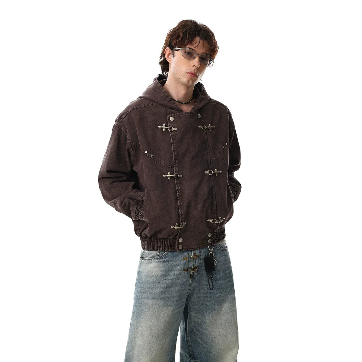 Men’s Vintage Washed Denim Jacket – Y2K Grunge Hooded Coat, Loose-Fit Hip Hop High Street Streetwear