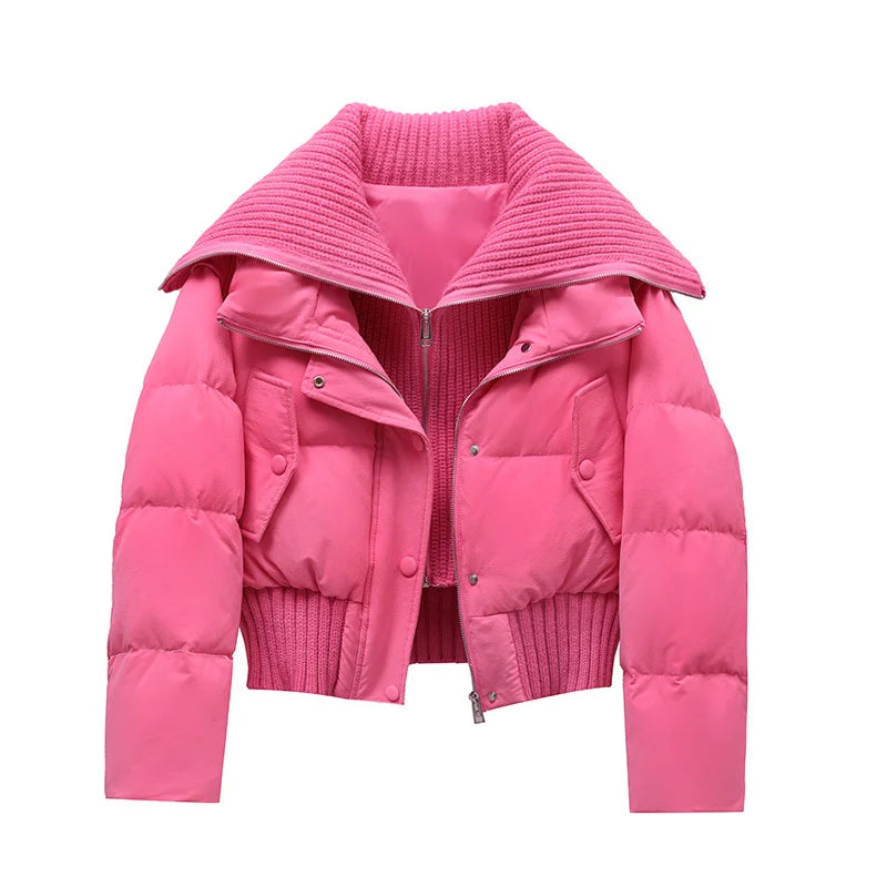 Women’s Korean-Style Padded Jacket – Thick Cropped Two-Piece Look, Turn-Down Collar Winter Coat for Autumn & Winter