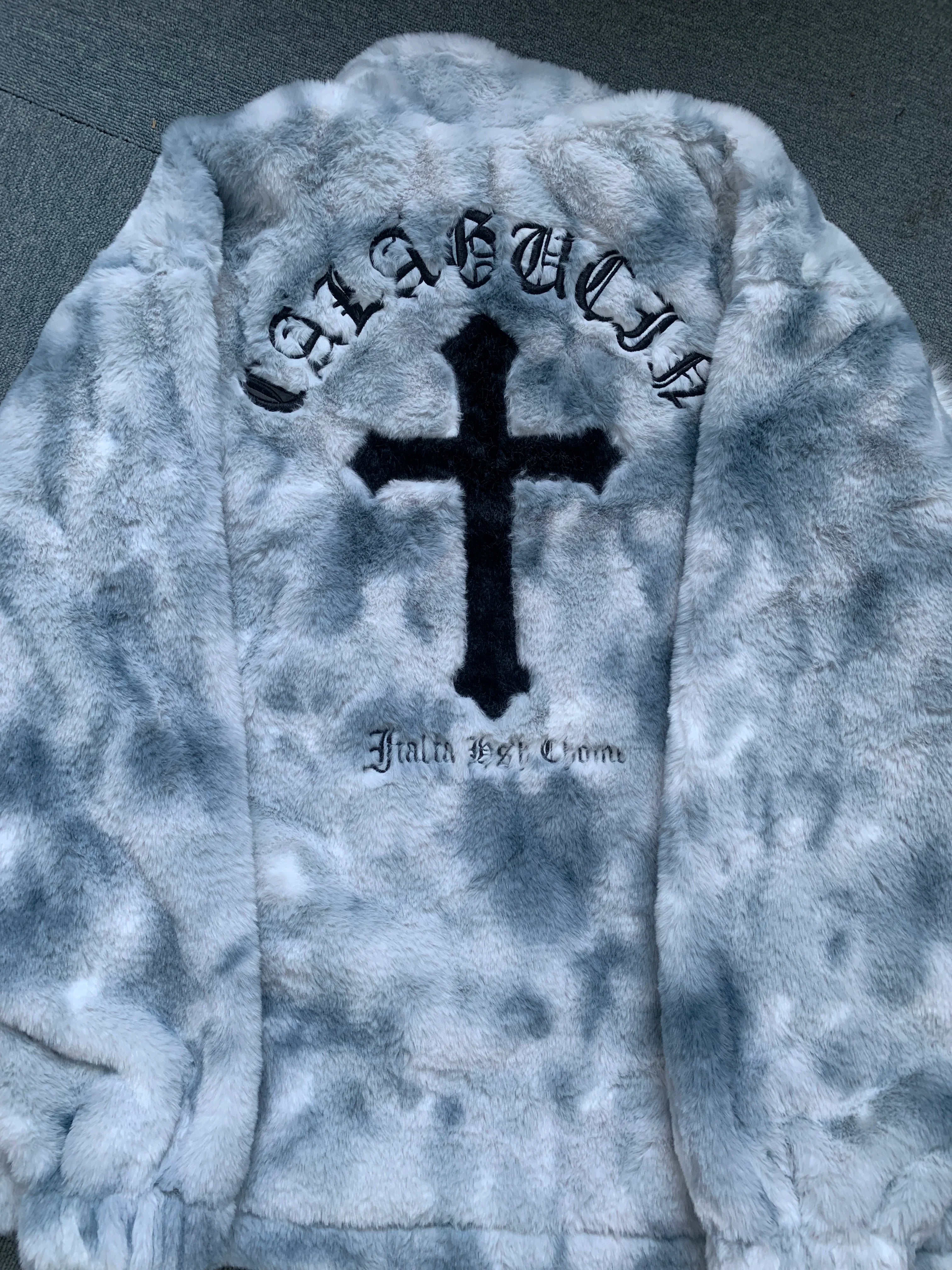 Men Rabbit Fur Jacket Coats Hip Hop Cross Letters Winter Fleece Jacket Streetwear Casual Harajuku Coat Zip Up Fashion Outerwear