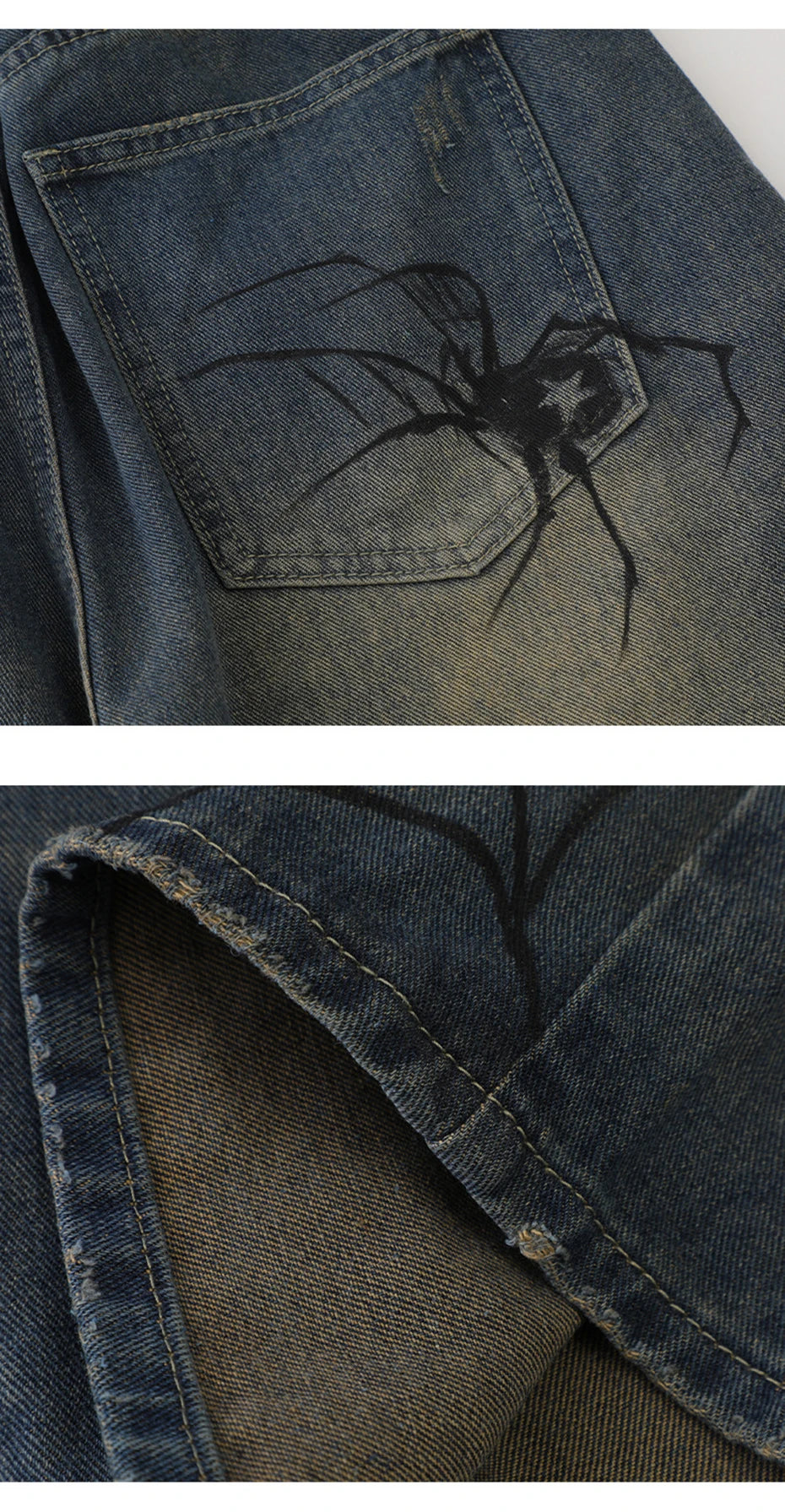 Men’s Y2K Denim Shorts – Blue Spider Cobweb Print, Loose Fit Harajuku Hip Hop Streetwear Summer Shorts