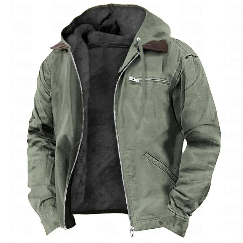 Men’s Fleece-Lined Hooded Jacket – Warm Winter Casual Zipper Coat with Multi Pockets