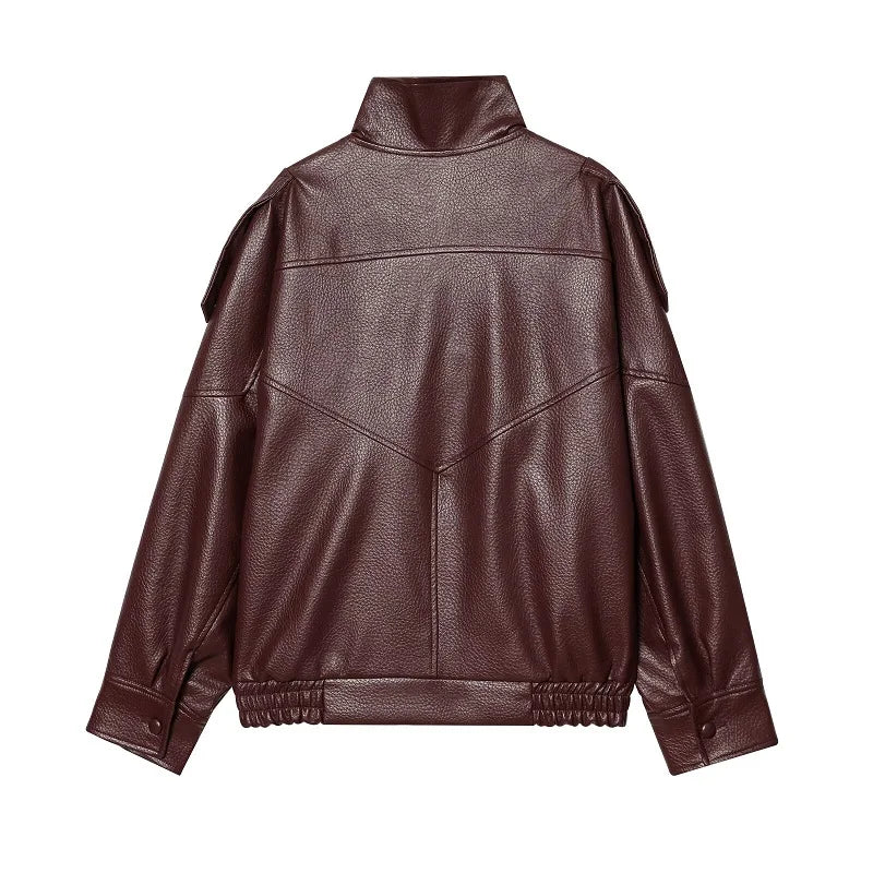 Women’s Oversized Faux Leather Bomber Jacket – Winter Fashion Coat