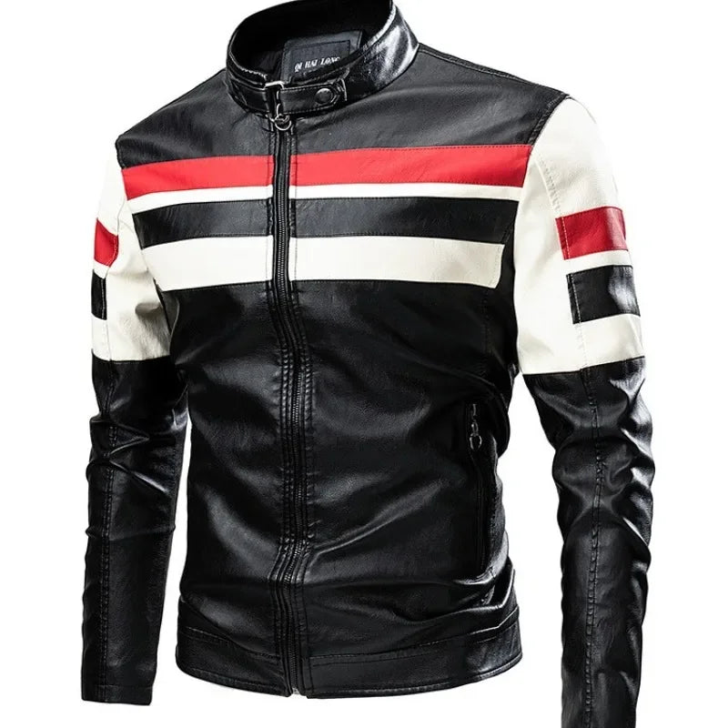 Men's PU Leather Motorcycle Jacket – Slim Fit Stand Collar Biker Coat
