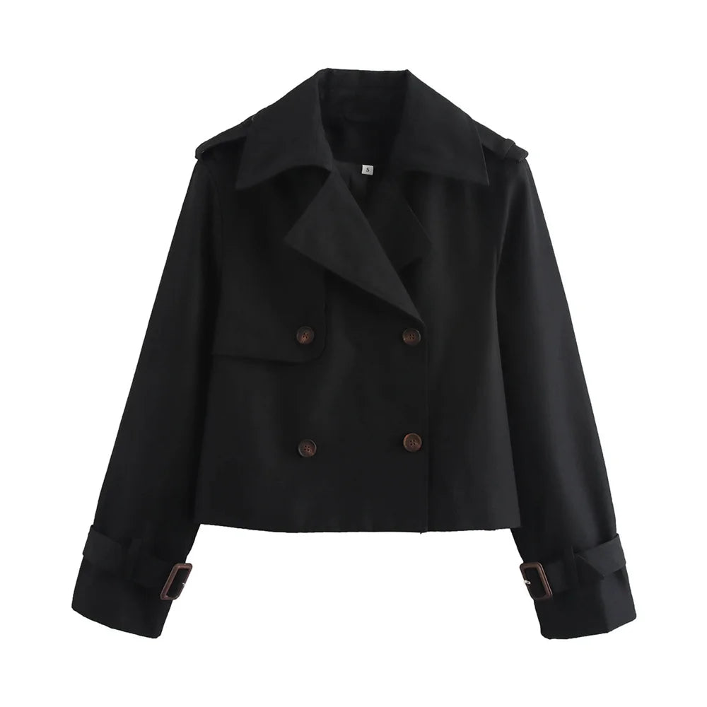 Women’s Vintage Cropped Trench Jacket – Double-Breasted Long Sleeve Streetwear Coat, Chic Spring & Autumn Outerwears