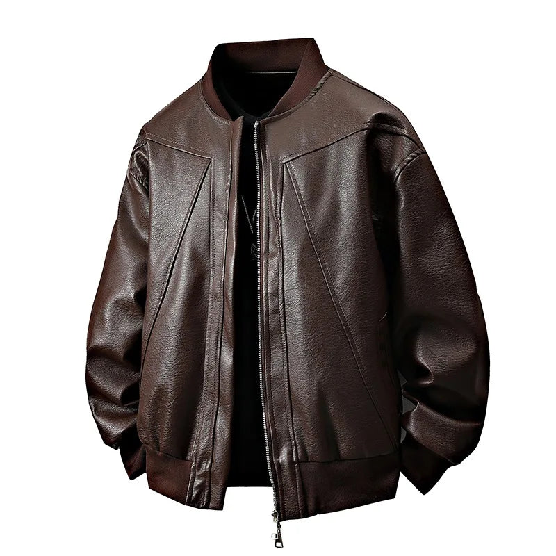 Men’s American-Style Leather Jacket – Baseball Collar Silk-Lined Bomber | Loose-Fit Spring Casual Outerwear