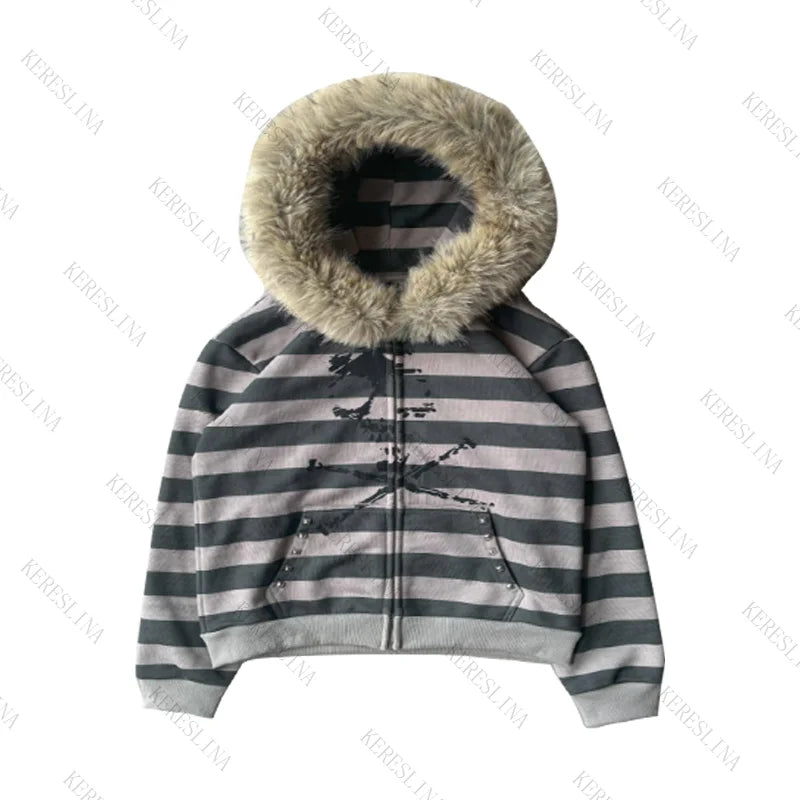 Unisex Y2K Faux Fur Collar Hoodie Jacket – Zip-Up Retro Punk Hip Hop Rock Streetwear Coat, Autumn & Winter
