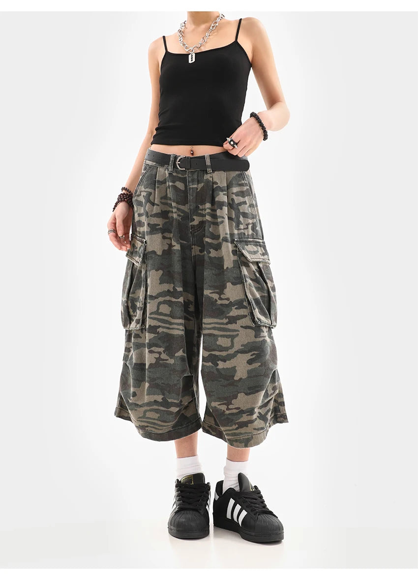 Women's Y2K Camouflage Harajuku Denim Capri Pants – Goblin Core Street Style