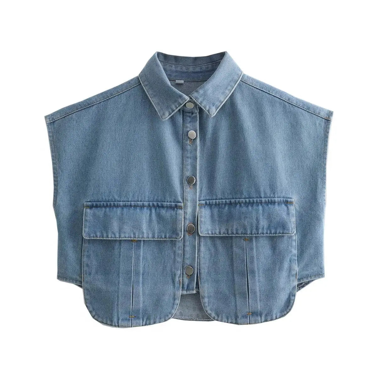 Women’s Cropped Denim Blouse – Sleeveless Button-Up Top with Pockets
