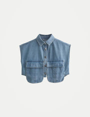 Women’s Cropped Denim Blouse – Sleeveless Button-Up Top with Pockets
