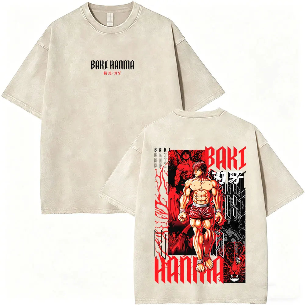 Unisex Baki Hanma Anime T-Shirt – Vintage Washed Oversized Retro Manga Cotton Tee