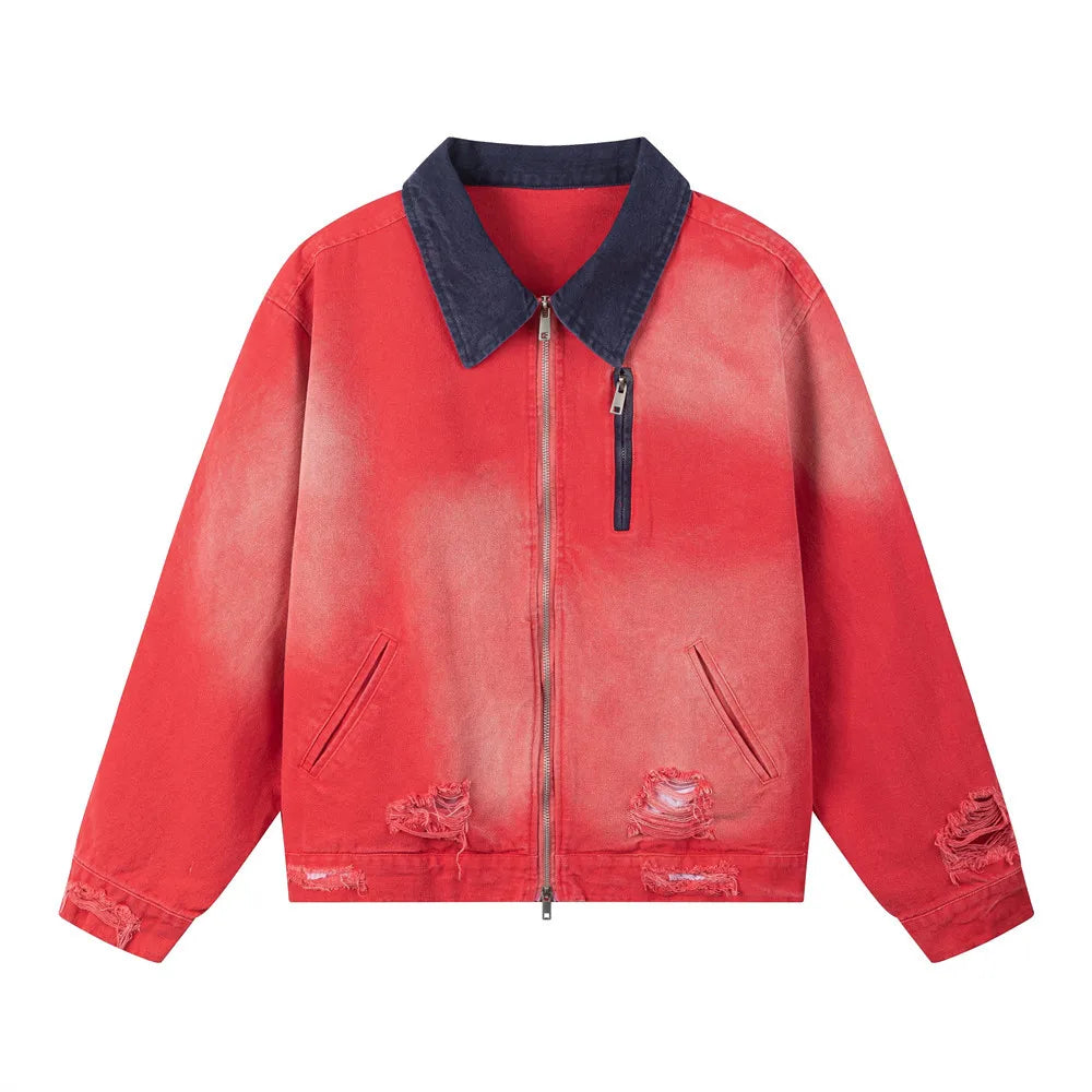 Block Cargo Jacket Mens Ripped Spring Retro High Street Long Sleeve Outerwear Men