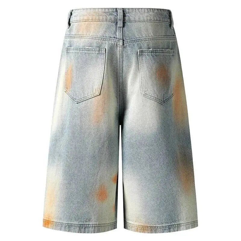 IEFB Men’s Distressed Denim Shorts – Contrast Color Washed Knee-Length Wide-Leg Shorts, Summer Streetwear Jeans