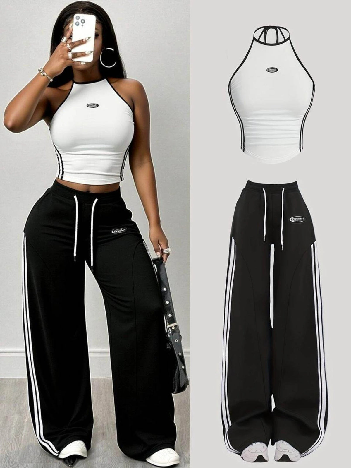 Women’s Striped Halter Crop Top & Drawstring Wide-Leg Pants Set – Sporty 2-Piece Casual Streetwear Outfit for Gym & Daily Wear