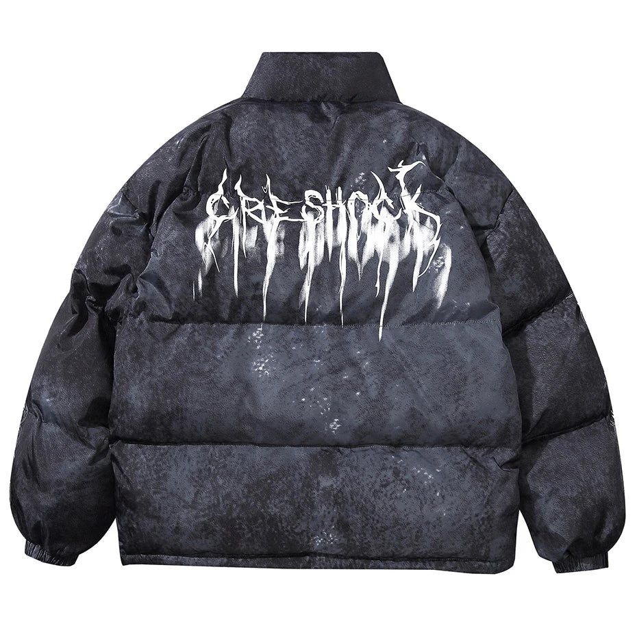 Men’s Y2K Oversized Puffer Parka – Letter Graphic Tie-Dye Winter Jacket, Warm Hip Hop Streetwear