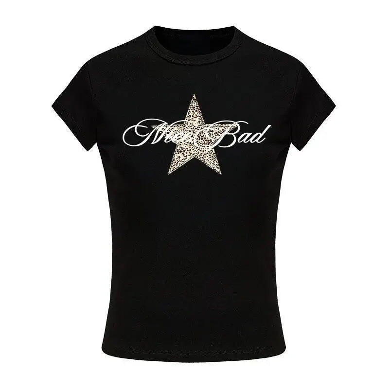 Women’s Black Y2K Crop T-Shirt – Fitted Leopard Star Print Short Sleeve Top