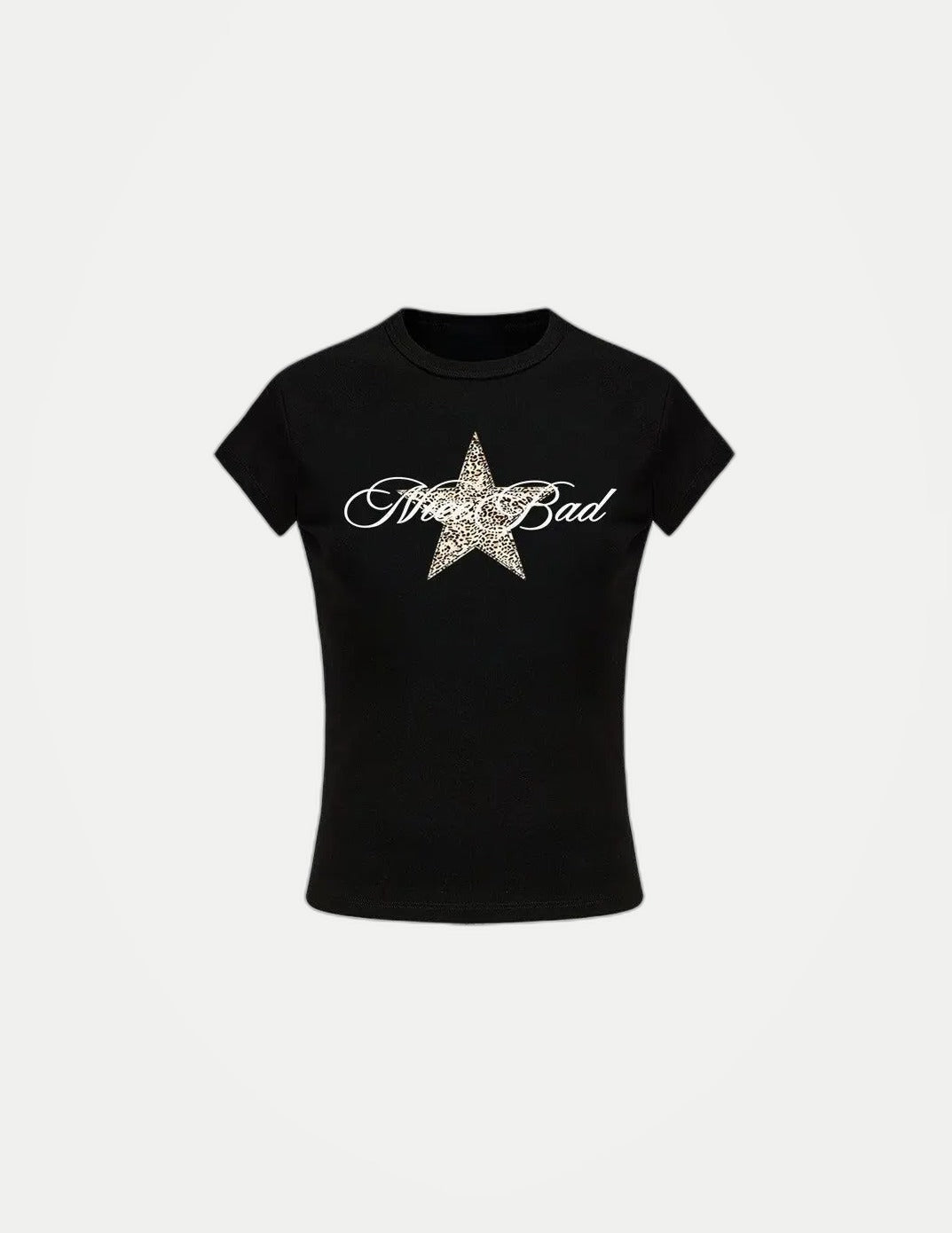 Women’s Black Y2K Crop T-Shirt – Fitted Leopard Star Print Short Sleeve Top