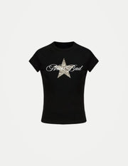 Women’s Black Y2K Crop T-Shirt – Fitted Leopard Star Print Short Sleeve Top