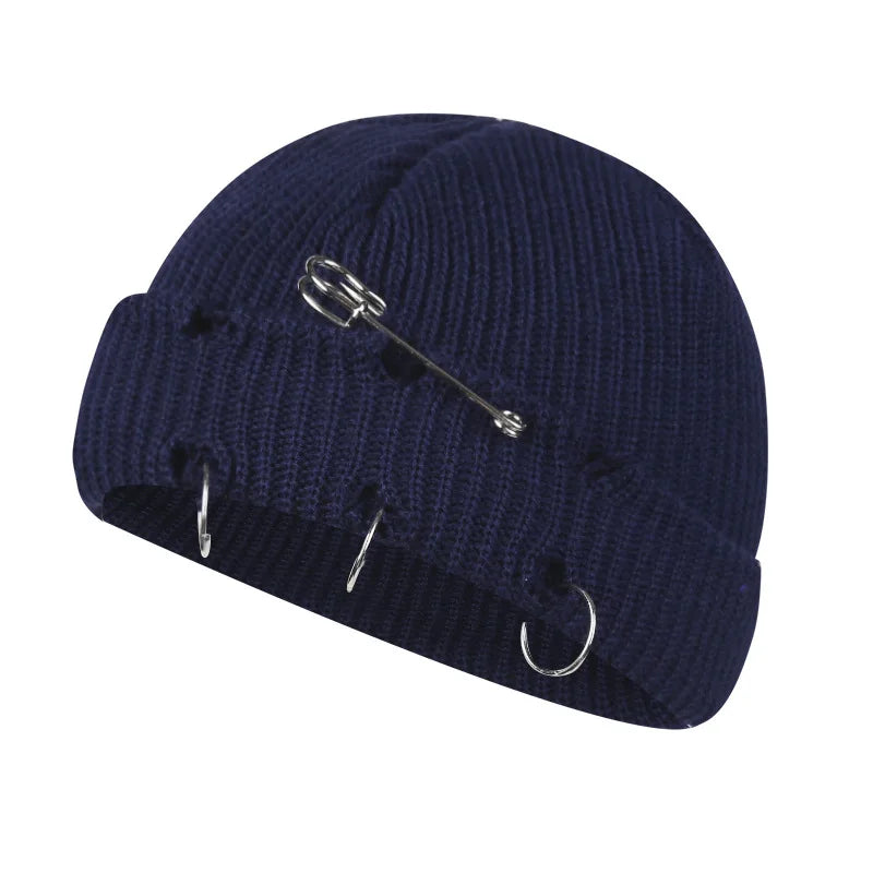 Women’s Y2K Gothic Beanie – Winter Knit Skull Cap with Metal Ring Detail, Harajuku Hip Hop Streetwear Hat