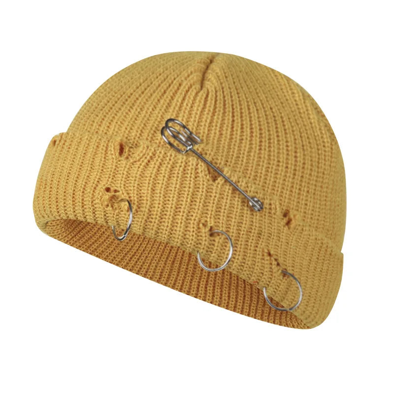 Women’s Y2K Gothic Beanie – Winter Knit Skull Cap with Metal Ring Detail, Harajuku Hip Hop Streetwear Hat