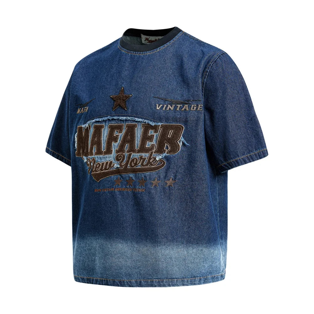 Men’s Retro Denim T-Shirt – Letter Embroidery Washed Distressed Short Sleeve Crew Neck Summer Tee