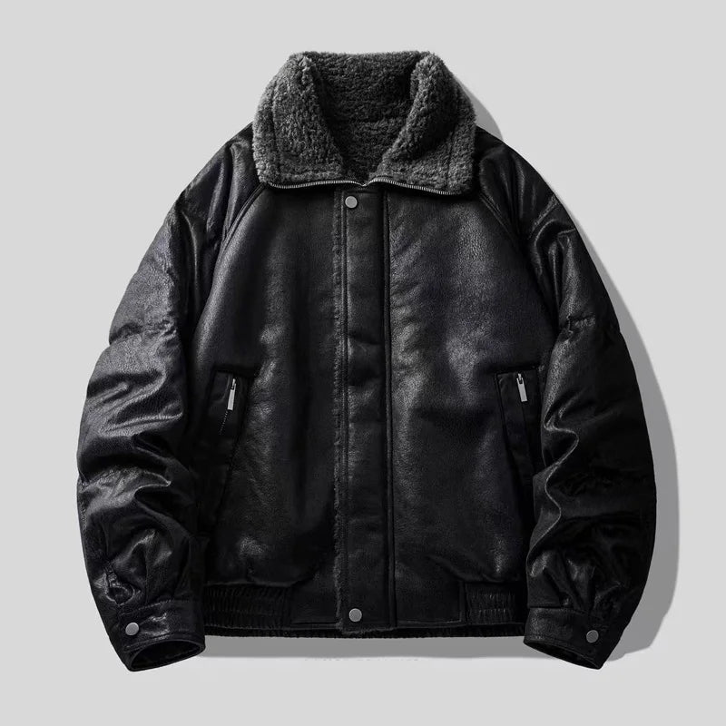 Men’s Faux Fur-Lined Leather Jacket – Warm Motorcycle-Inspired Coat | Vintage Loose-Fit Winter Streetwear Outerwearja