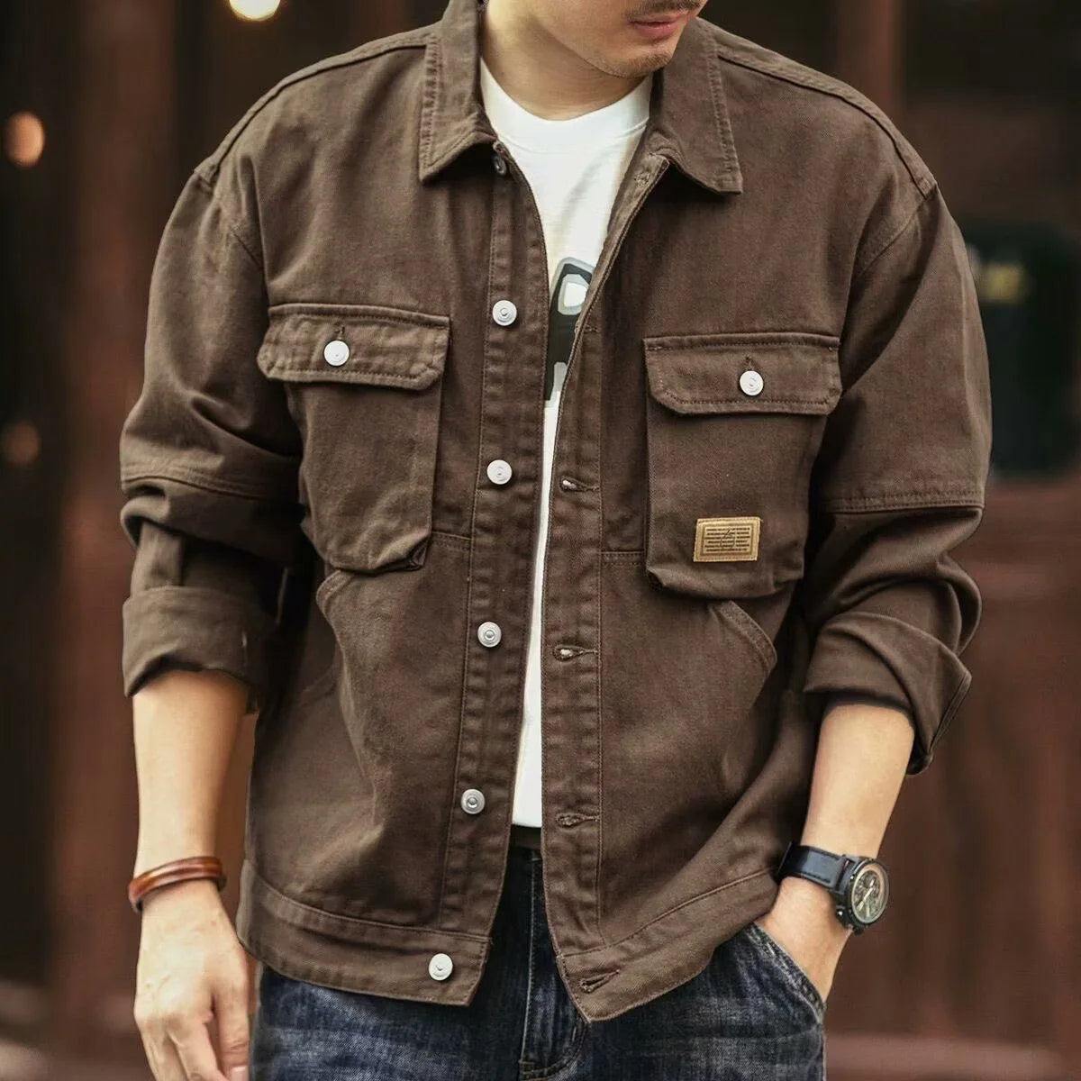 Men's Casual Loose Fit Denim Jacket – Multi-Pocket Workwear Streetwear Top