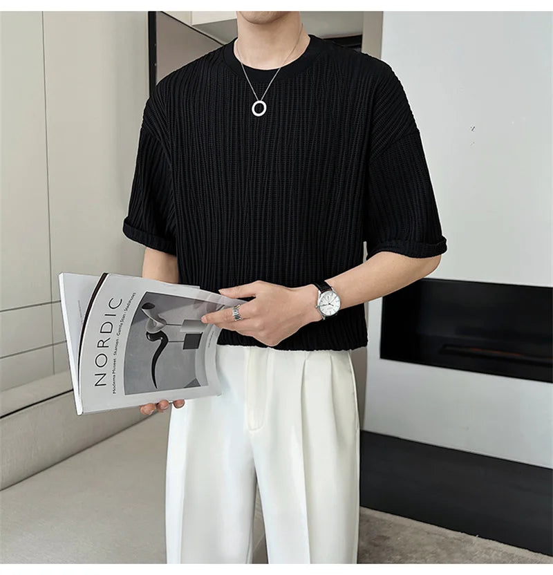 Men's Ice Silk Pleated T-Shirt – Casual Summer Crewneck Tee
