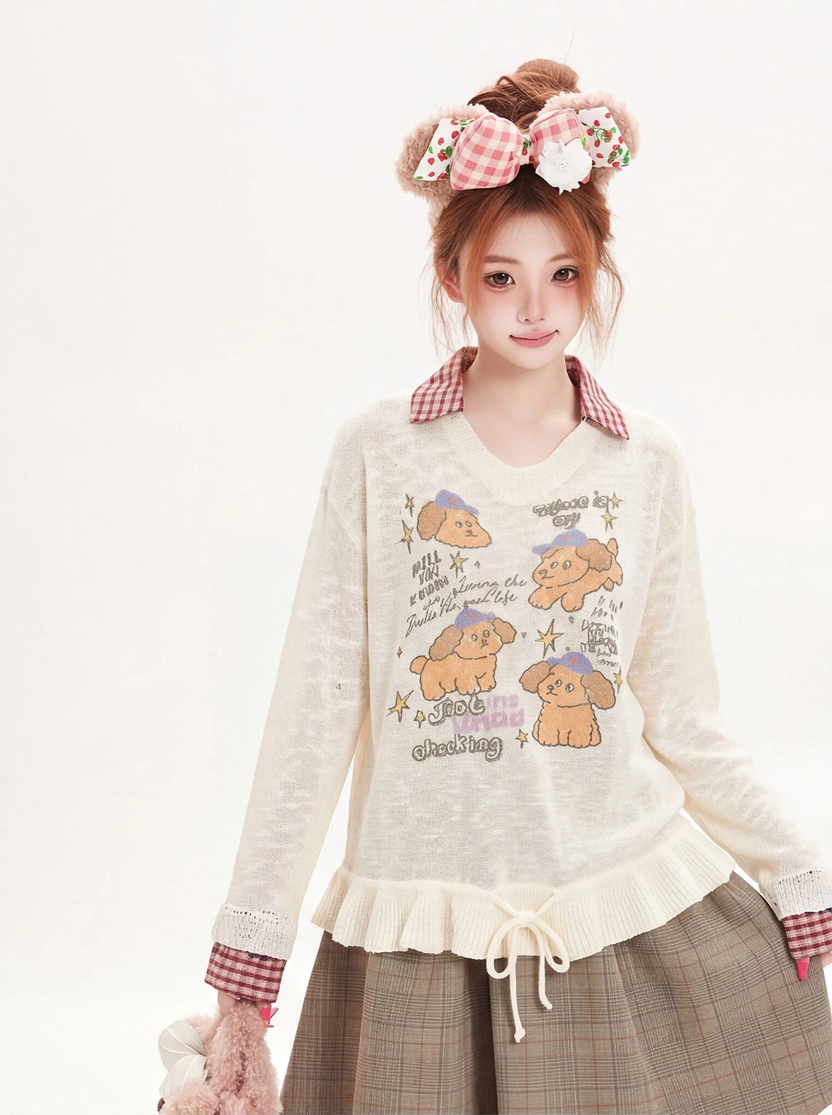 Women’s Cartoon Dog Print T-Shirt – Long Sleeve Drawstring Waist Casual Sun Protection Top