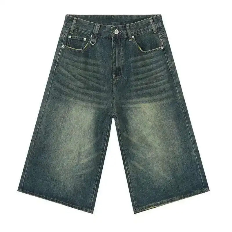 IEFB Men’s Vintage Wide-Leg Denim Shorts – Loose Fit Washed Knee-Length Jeans | Korean Summer Streetwear