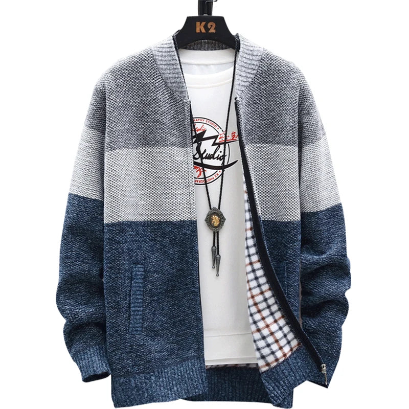 Men’s Winter Fleece Cardigan – Zipper Knit Sweater, Striped Casual Jacket