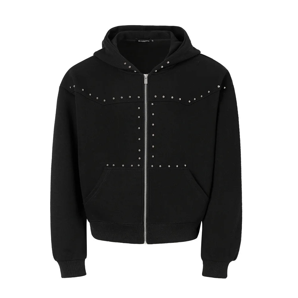 Men’s Studded Hooded Cardigan Sweatshirt – Loose-Fit Streetwear Jacket, Trendy Sporty Casual Top