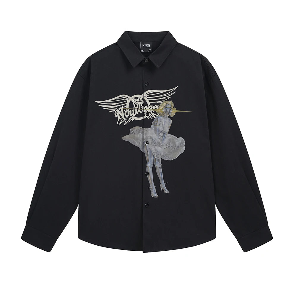 Men’s Y2K Gothic Graphic Shirt – Oversized Long-Sleeve Streetwear Top | Korean & Japanese-Inspired Casual Style
