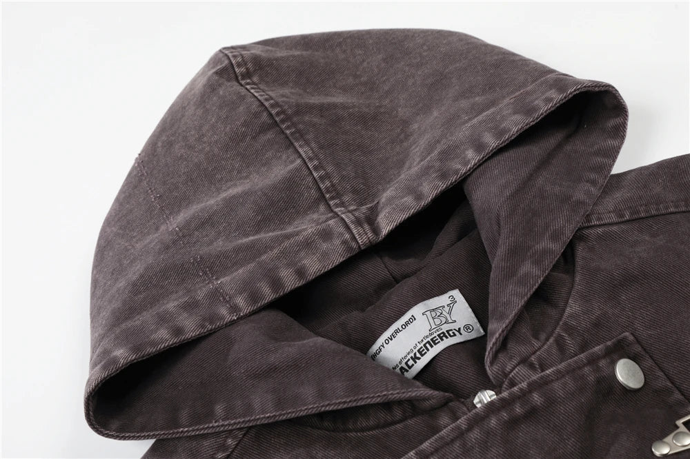 Men’s Vintage Washed Denim Jacket – Y2K Grunge Hooded Coat, Loose-Fit Hip Hop High Street Streetwear