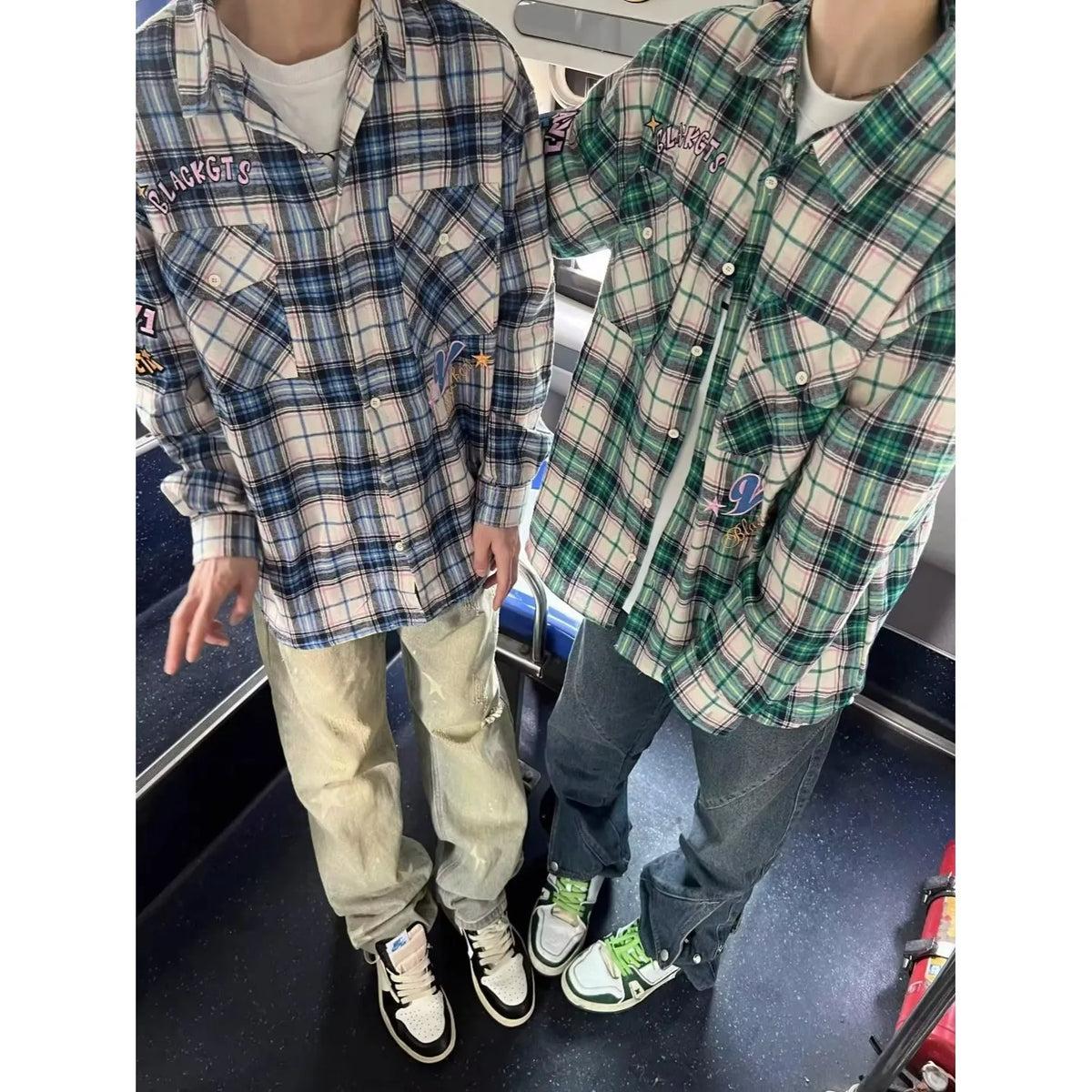 Men’s Embroidered Plaid Shirt – Loose Fit Long Sleeve Retro Casual Top