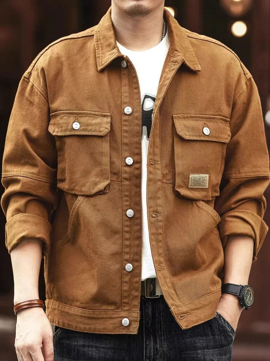Men's Casual Loose Fit Denim Jacket – Multi-Pocket Workwear Streetwear Top